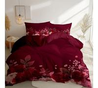 KLZUOPT Exquisite Duvet Cover Sets Double, Flowers Romance Burgundy Background Reversible Printed Quilt Cover 79" x 79", Red Bedding Set, Ultra Soft Comforter Cover with Zipper Closure