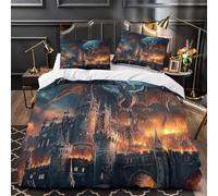 KLZXCVBNMQ Fantasy dragon 3D Digital Print Duvet Cover Set 3pcs 100% Microfibre Anti-Fade Medieval castle scene Duvet Insert Cover 2 Pillowcases Zip Closure Bedding Boys Bedroom Double（200x200cm）