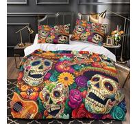 KLZXCVBNMQW 3D Design Printed 3 Pcs Bedding Set Bedroom Decor Hidden Zipper Ultra Sugar Skulls Comforter Cover Durable Hotel Quality for Teens,Kids,Women colorful Folk Quilt Cover Single（140x200cm）