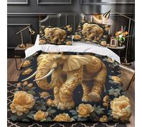 KLZXCVBNMQW 3D Design Printed 3 Pcs Bedding Set Home Decor Design Ornate Elephant Decor Duvet Cover Easy Care Hotel Quality for Teenagers,Boys,Women Gilded Animal Comforter Cover Double（200x200cm）