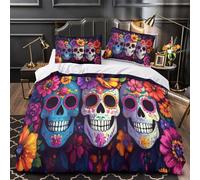 KLZXCVBNMQW 3D Design Printed 3 Pieces Bedding Set Home Decor Sugar Skulls Duvet Cover Breathable All Season for Teenagers,Girls,Children colorful Mexican Comforter Cover Double（200x200cm）