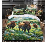 KLZXCVBNMQW 3D Design Printed 3PCs Bedding Set Bed Decor Zipper Closure Ultra Highland Cattle Quilt Cover Breathable All Season for Youth,Adults,Children Wild Mountain Duvet Cover King（220x240cm）