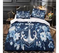 KLZXCVBNMQW 3D Print 3-Piece Bedding Set Bedroom Decor Zipper Closure Soft Nautical Anchor Comforter Cover Machine Washable Hotel Quality for Youth,Teens,Boys blue Floral Quilt Cover King（220x240cm）
