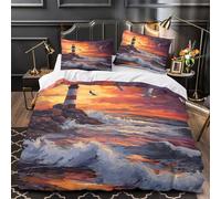 KLZXCVBNMQW 3D Print 3 Pieces Bedding Set Bedroom Decor Zipper Closure Design Lighthouse at Sunset Duvet Cover Durable Easy Care for Teenagers,Women,Boys Comforter Cover Single（140x200cm）