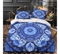 KLZXCVBNMQW 3D Printed 3 Pcs Bedding Set Room Decor Zipper Ultra Soft Blue Floral Mandala Quilt Cover Durable Easy Care for Adults,Teenagers,Boys bohemian Decorative Duvet Cover Super king（260x220cm）