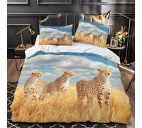 KLZXCVBNMQW 3D Printed 3 Pieces Bedding Set Bed Decor Zipper Closure Design Cheetahs in Savanna Quilt Cover Washable Anti-allergic for Adults,Kids,Women Wild Animal Duvet Cover Double（200x200cm）
