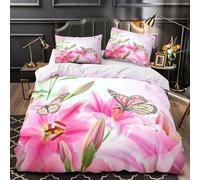 KLZXCVBNMQW 3D Printed 3PCs Bedding Set Home Decor Extra Butterfly Garden Quilt Cover Hypoallergenic All Season for Girls,Boys,Adults Pink Floral Duvet Cover Super king（260x220cm）