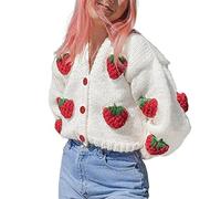 KMBANGI Women Button Down Sweater V Neck Cable Knit Crop Cardigan Cute Oversized Jumper Top Aesthetic Clothes, Strawberry White, Small