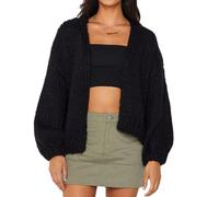 KMBANGI Women Crochet Chunky Sweater Open Front Long Sleeve Cable Knit Cardigan Cute Oversized Jumper Aesthetic Knitwear, Black, M