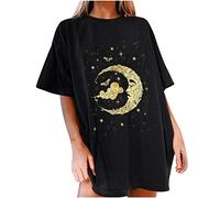 Kmdwqf Christmas Pullover Tops Work Blouse Long Sleeve Personalised Teacher Gifts Exercise Women's Sun Moon Star Printed Pattern Casual Loose Short Sleeve Tops Blouse Womens Clothes Sale Clearance
