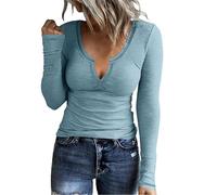 Kmdwqf Dressy Tops for Mature Ladies Blouses for Women UK 70Th Birthday Gifts for Women Crew Women's Sexy Long Sleeve U Neck Slim Round Neck Ribbed Knit Solid Color Base T Shirt Sale Clearance Items