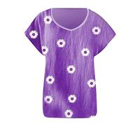 Kmdwqf Dressy Tops to Wear with Leggings Women Shirts Blouse Gifts for Her Formal Summer Fashion Ladies Top Loose V Neck Retro Pleated Daisy Flower Print T Shirt Bargains of The Day Sale Purple