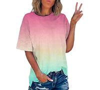 Kmdwqf Feather Tops for Women Blue Blouses for Women UK Gifts for Her Hiking Walking Ladies 2024 Summer New Gradient Tie Dye Printing Trend Women's Short Sleeves Bargains of The Day Sale