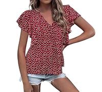 Kmdwqf Longline Tops for Women UK 18 Womens Blouses Size 12 Birthday Gifts for Women Dating Women Boho Casual V Neck Blouse Polka Dot Printing Ruffle Sleeve Tshirt Top Outlet Clearance UK Red