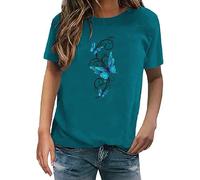 Kmdwqf Plus Size Tops Blouse Size 22 UK Winter Blouses 18Th Birthday Gifts for Girls Gym Running Ladies Fashion Butterfly Print Round Neck Short Sleeve T Shirt Top Discounted Items for Sale