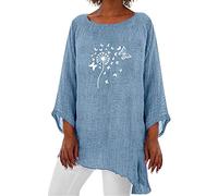 Kmdwqf Polo Shirts for Women UK Women Spring and Summer Simple Solid Color Round Neck Butterfly Dandelion Print Three Quarter Sleeve Cotton and Top Promotion Clearance