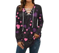 Kmdwqf Straight Neckline Tops Pink with Black Blouse Engagement Gifts Evening Womens V Neck T Shirts Lace Up Colorful Print Long Sleeve Tunic Tops Loose Fit Valentine's Day Blouses Clearance Bargains