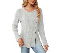 Kmdwqf Tank Tops Women Cropped Asymmetrical Blouse End of Year Gifts for Women Sports Yoga Women Blouse New Crew Neck Button Slit Loose Long Sleeved T Shirt Sale Clearance Items Under 5 Pounds Grey