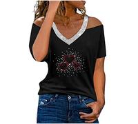 Kmdwqf Womens Backless T Shirt Y2K Long Sleeve Women's Summer V Neck Off The Shoulder Bright Drill Print Short Sleeve T Shirt Top Blouse Sale Clearance Items Under 5 Pounds