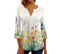 Kmdwqf Womens England T Shirt Womens Spring/Summer 3/4 Sleeves Fashion Print Pleated Button Pullover T Shirt Comfortable Top Long Sleeve Casual Cotton T Shirt Warehouse Clearance Bargains Sale