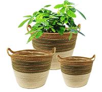 KMERCE Set of 3 Wicker Flower Pot Covers, Indoor Plant Basket, Decorative Seagrass Seagrass Flower Pots with Waterproof Plastic Lining, Storage Basket, Diameter 18 cm, 22 cm, 25 cm