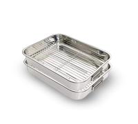 KMF Supplies Stainless Steel Roasting Tin Set of 2 with Handles - Removable Grill, Roasting Tray for Baking, Cooking & Grilling, Easy to Clean (Medium)