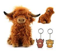 KMFASVX 1PCS Cow Stuffed Animals Plush + 2PCS Highland Cow Keychain, Soft Cuddly High Land Cows Plushies Farm Hug Pillow for Farm Home Decor Gift