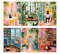 KMFASVX 6PCS Whimsical Cat & Cozy Home Paint by Numbers for Adults, 20x30cm Acrylic DIY Canvas Art, Floral Cat Wall Decor, Beginner Friendly Relaxing Craft & Gift - E