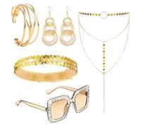 KMFASVX 70s Disco Gold Jewellery Set,Disco Accessories for Women with Retro Sequin Headband,Rhinestone Sunglasses,Layered Necklace,Hoop Earrings & Bangles for Hen Parties,Discos,Festivals (Gold)