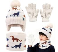 KMFASVX Kids Winter 3 in 1 Hats Scarf Gloves Set, Dinosaur Thickening Soft Thermal Knitted Beanie Hats with Dinosaur Pattern Neck Warmer Magic Gloves Accessories Sets for Girls
