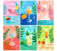 KMFASVX Paint by Numbers for Adults 6PCS - Art Cocktail Canvas Painting Kit, 20x30cm DIY Acrylic Art, Retro Bar Drink Wall Decor, Stress Relief Craft for Beginners, Creative Gift - E