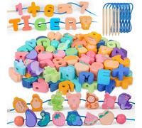 KMFYMPT 96 PCS Wooden Montessori Toys, Fine Motor Skills Toys, Educational Learning Toy, toddler threading toys for 2 3 4 5 6 Year Olds, Preschool Activities Lacing Beads For Toddlers Boys Girls