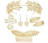 KMGDM Greeks Goddesses Costume Accessories Set for Women Golden Laurels Leaf Crowns Headband Upper Arm Cuffs Coil Bracelets