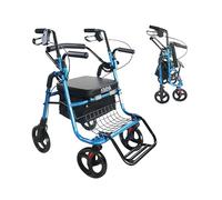 KMINA 2 in 1 Walker Wheelchair Combo, Foldable Aluminum Rollator with Footrests an Pressure Brakes, Convertible to a Transport Chair, Blue