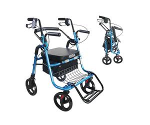 KMINA 2 in 1 Walker Wheelchair Combo, Foldable Aluminum Rollator with Footrests an Pressure Brakes, Convertible to a Transport Chair, Blue