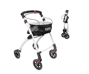KMINA Narrow Indoor Rollator, Tray and Basket, Folding Walking Frame, Black | Aluminium, Only 13.2 lb, 5 Height Settings, One Handed Brake, 360 Degree Swivel Wheels, Pro Model