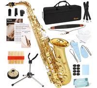 Kmise E Flat Alto Saxophone, Lightweight Saxophones for Students Beginner, Saxofon Full Kit with Portable Case, Sax Stand, Strap, Reeds, Beginner's Guides, Mute, Cleaning Kit (Gold Lacquer)