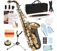 Kmise E Flat Alto Saxophone, Lightweight Saxophones for Students Beginner, Saxofon Full Kit with Portable Case, Sax Stand, Strap, Reeds, Beginner's Guides, Mute, Cleaning Kit (Black Nickel & Gold)