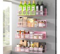 Kmise Magnetic Spice Rack for Refrigerator, 4 Pack 100% Metal Strong Magnet Fridge Shelves, Space Saving Spice Organizer, No Drilling Home Kitchen Laundry Room Storage Organization Moveable,Pink