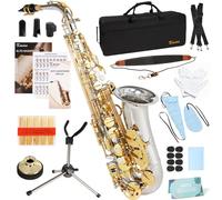 Kmise Saxofon Alto Saxophone Eb Lightweight for Students Beginners Complete Kit with Portable Case, Saxophone Stand, Strap, Reeds, Beginner Guides, Mute, Cleaning Kit (Plated