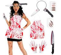 KMLGY 14 Pieces Halloween Butcher Costume Accessories, Bloody Horror Outfit with Apron, Gloves, Hairband and Stickers, Scary Halloween Accessories for Adults, C