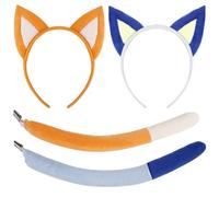 KMLGY 4 PCS Cute Ears Headband and Tails, Lovely Blue and Orange Dog Hairband Plush Dog Ears Headbands Tails for Birthday Party Party Dress Up