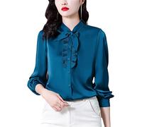 KMMBBTY Ruffle Front Bow-Tie Neck Silk Satin Blouse for Women Spring Long Sleeve Office Ladies Shirts Pic-4 S