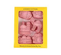 KMOCEPLY 6PCS Pink Eid Mubarak Cookie Cutters Set 3D Ramadan Islamic Muslim Cookie Stamp Biscuit Cutters EID Mubarak Ramadan Decoration Camel Moon Star Biscuit DIY Mosque Mold Baking Tools