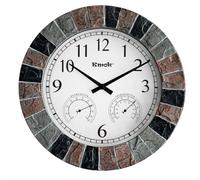 Kmok 13.5" Faux Slate Waterproof Indoor/Outdoor Wall Clock with Thermometer & Hygrometer - Silent Battery-Operated Round Decorative Timepiece for Patio & Home (Grey/Red/Black Frame)