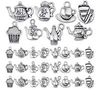 KMOSPAD 40pcs Antique Silver Tea Cup Charms Tibetan Vintage Mixed Teapot Coffee Cup Mug Pendant Charms Craft Supplies for DIY Necklace Bracelet Earring Jewelry Making, 8 Styles