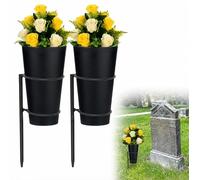KMQRDZi 2 Pack Metal Cemetery Vases, Memorial Grave Vases with Stakes, Flowers Holder, Headstone Vase with Ground Spikes Plastic Pot for Fresh or Artificial Flowers, Lawn Yard Funeral (With Flowers)