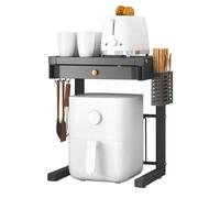 KMQRDZi Chain Smoker Rice Cooker Shelf, Deep Fryer Hot Air Fryer Cabinet Organiser, Standing, Rice Cooker Air Fryer Rack with 3 Hooks, Drawer and Utensil Storage Basket (Black)
