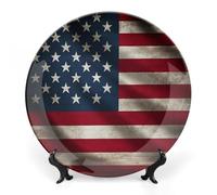 KMRHOUTIQ 10 in Bone China Decorative Plates for Wall Hanging with Display Stand Chinese Porcelain American Flag Dessert Plate Display Dish Collections Ceramic Ornament Art Craft Home Office Decor