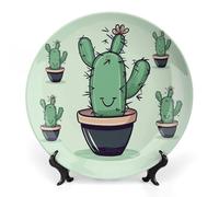 KMRHOUTIQ 10 in Bone China Decorative Plates for Wall Hanging with Display Stand Chinese Porcelain Green Cactus Dessert Plate Display Dish Collections Ceramic Ornament Art Craft Home Office Decor